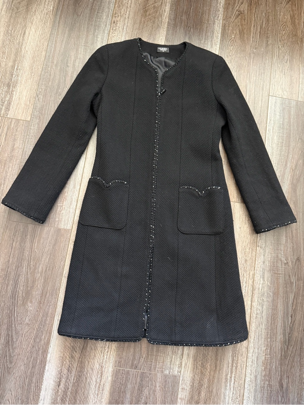 CHANEL Black Tweed Long Collarless Coat